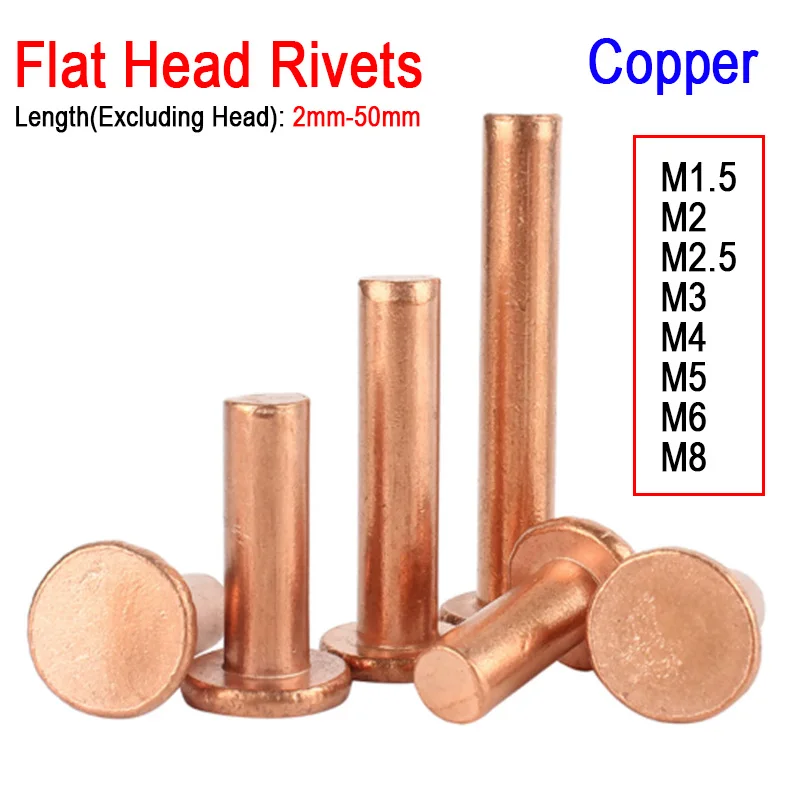 3~200pcs M1.5 M2 M2.5 M3 M4 M5 M6 M8 GB109 Copper Solid Rivets Knock Flat Head Rivet Flat Head Copper Rivets Solid Brass Rivet