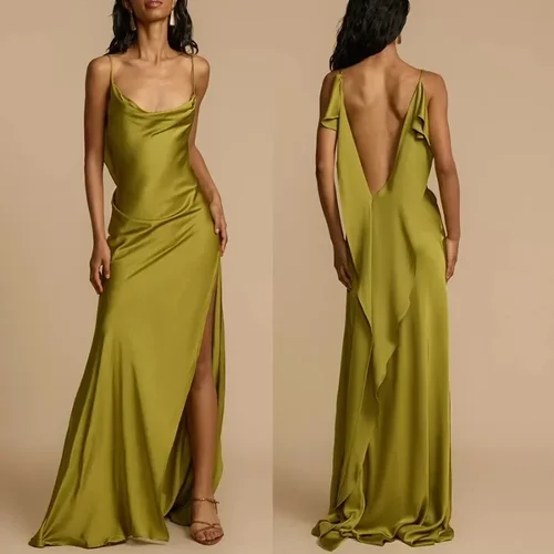 Vestido informal suelto para resort Primavera Verano 2025, nuevo vestido deslizante con abertura, vestido largo sin mangas Matcha, vestidos sin cuello y espalda descubierta
