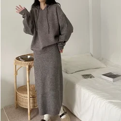 Autumn and Winter Women's Knitted Suit Korean Fashion Casual Sportswear Loose Hooded Pullover Sweater Skirt 2pcs Matching Set