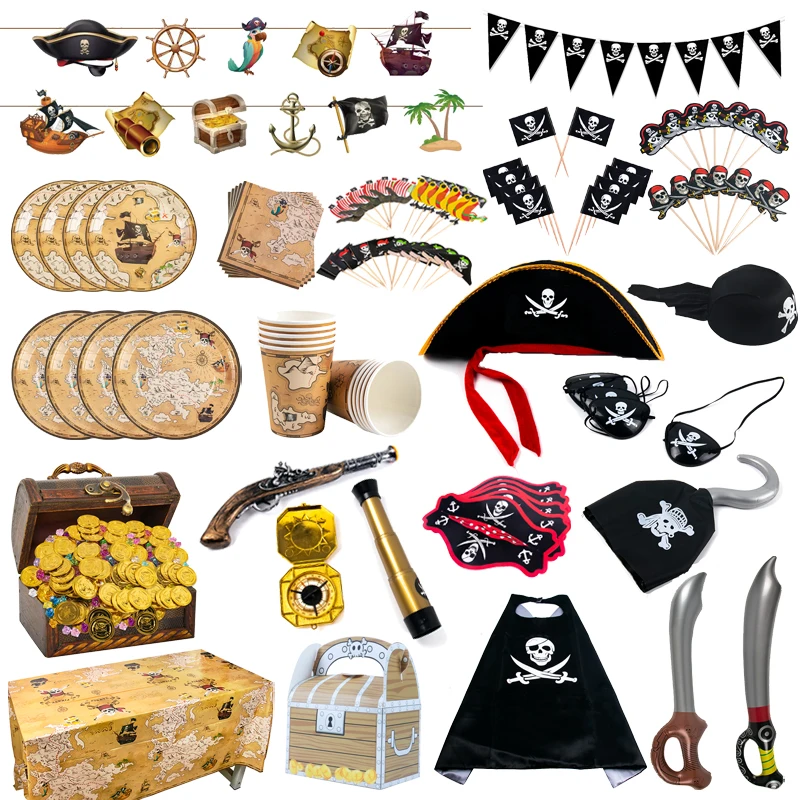 Pirate Theme Party Decorations Pirate ship Paper Plate Cup Tablecloth Tableware Gold Coins Props Pirate Birthday Party Supplies