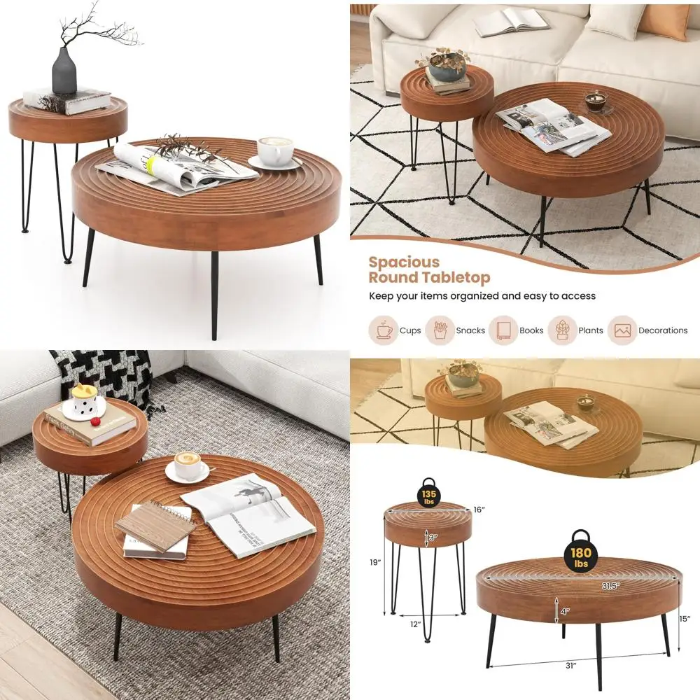 Conjunto de mesa de centro rústica estilo fazenda - 2 mesas laterais com estrutura de metal com acabamento em madeira e pés ajustáveis