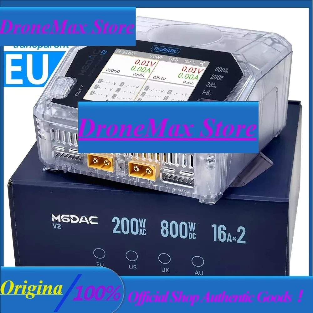 Зарядное устройство DroMaToolkitRC M6DAC V2 TRN, 2-канальное, AC200W, прозрачный корпус, DC800W, IPS-дисплей, для зарядки литиевых батарей моделей игрушечных автомобилей 1S 2-6S LiPo.