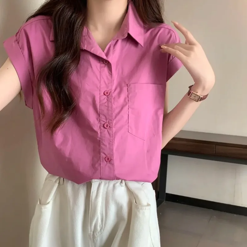 

Solid Collar Sleeveless Blouse Women's Summer Loose Design Anti-aging School Style Versatile Top