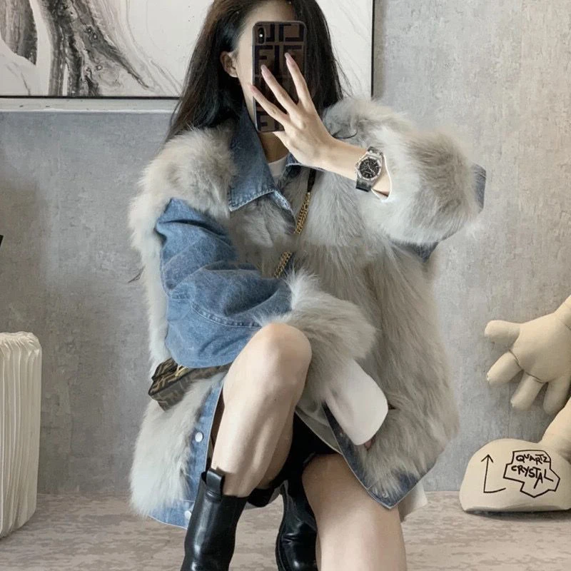 

Slimming Fur Jaet Thiened Cotton Spliced Faionable Women's Outerwear Winter Season Collar Long Sve Loose Fit