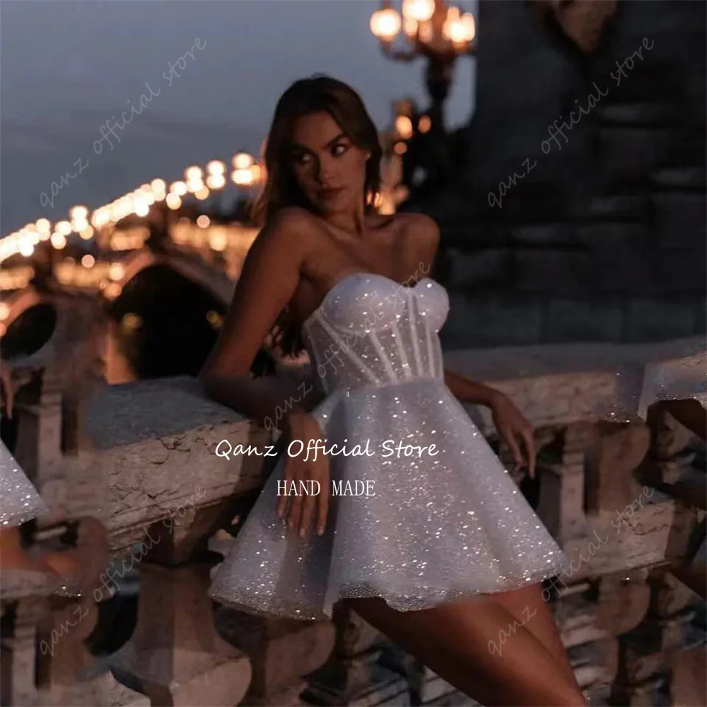 Qanz-vestidos de novia cortos brillantes para mujer, traje de tul con escote Corazón, corte en A, largo hasta la rodilla, elegante, de lujo, para fiesta, 2024