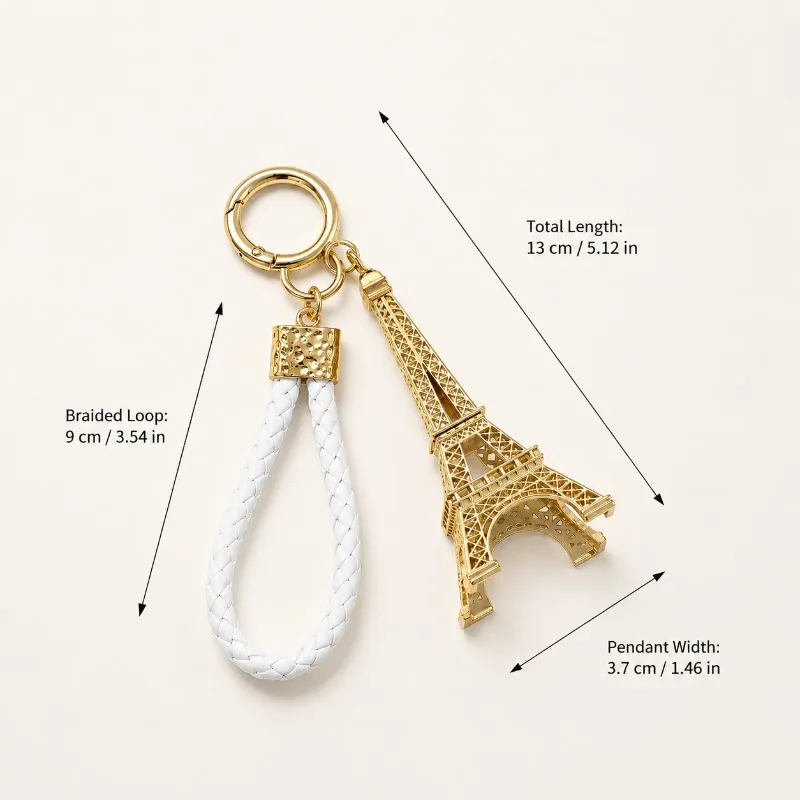 Vintage Golden Hollow Eiffel Tower Keychain White Braided Wrist Strap Decor for Daily Travel Birthday Holiday Gift