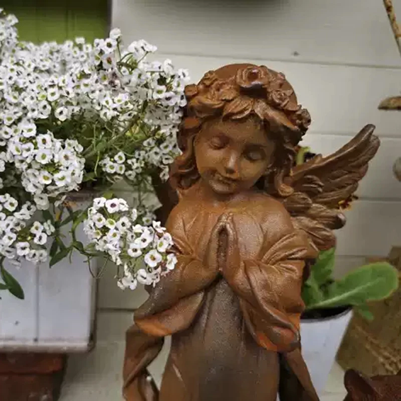Hand Cast Iron Rustic Praying Angel Garden Sculpture Winged Angel Cherub Patio Ornaments Decor Religious Girl Boy Angel Statues