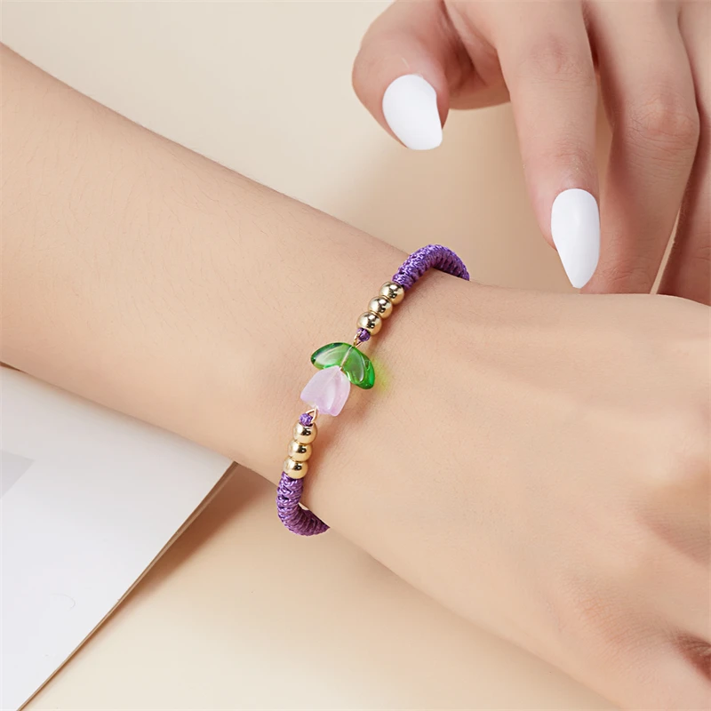 Light Luxury Purple Tulip Bracelet For Women Korean Resin Flower Beaded Adjustable Charm Bracelet Handmade Friendship Jewelry