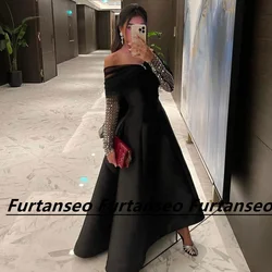 Dubai Damen Abendkleid von der Schulter A-Linie Satin Spitze Langarm knöchel langen schwarzen rücken freien Reiß verschluss Vestidos de Gala