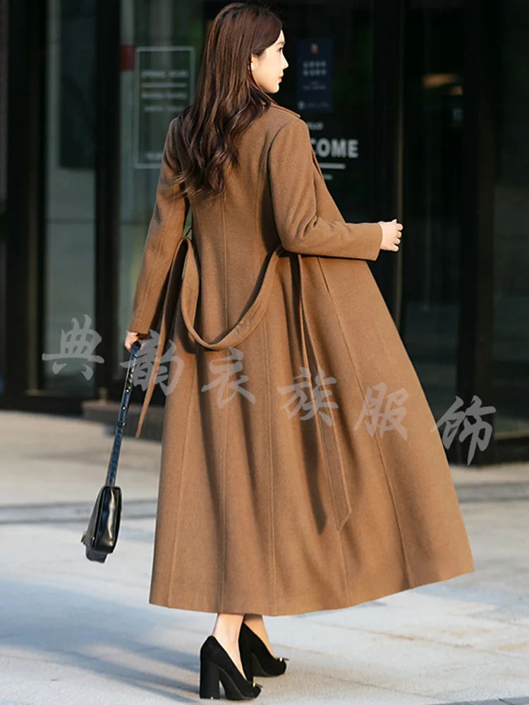 New Women Long Woolen Coat Autumn Winter Fashion Suit Collar Slim Waist Cotton Liner Wool Blended Coat Elegant Daily Outerwear