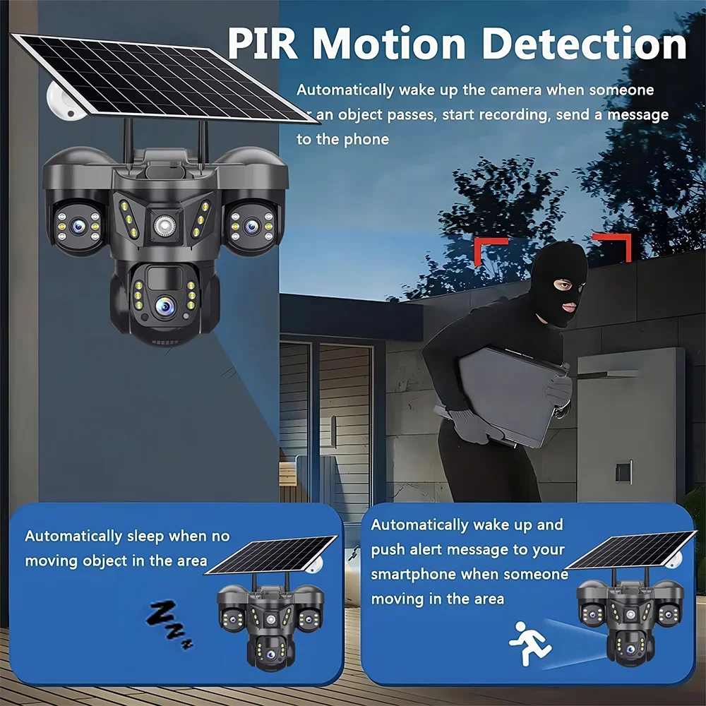 15MP Outdoor Solar 4G Camera Three Lens Three Screen PIR Motion Detection Cam Waterproof Night Vision Smart Security PTZ CCTV