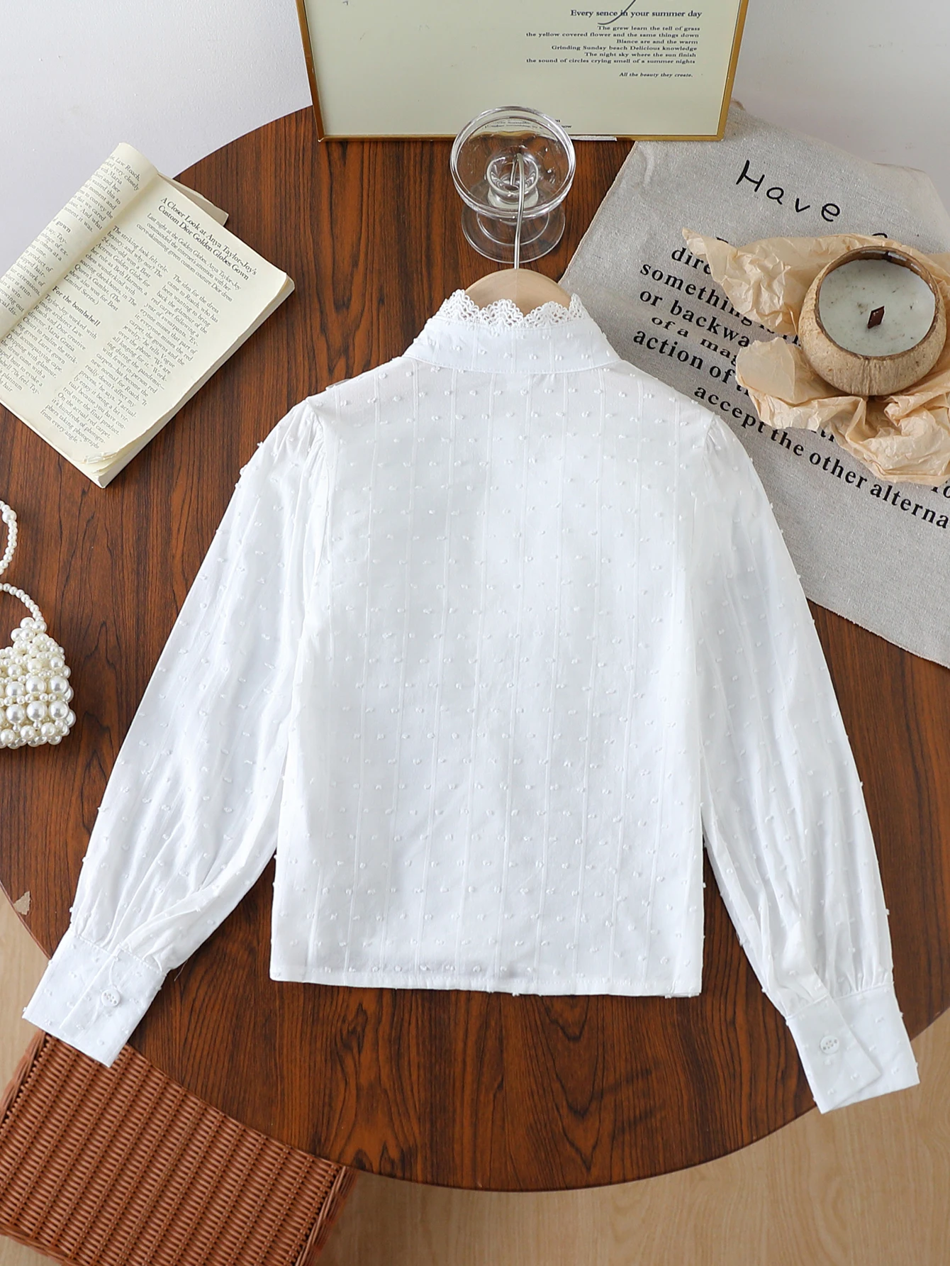 Girls' Spring and Autumn Shirt with Exquisite Double-Layer Lace Trim, Small Stand Collar, Long Sleeves, Korean Style Preppy Clothing for Little Girls