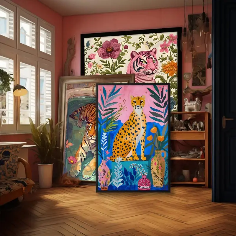 Colourful Tiger Leopard Trendy Poster Modern Multi Colour Floral Animal Canvas Painting Bedroom