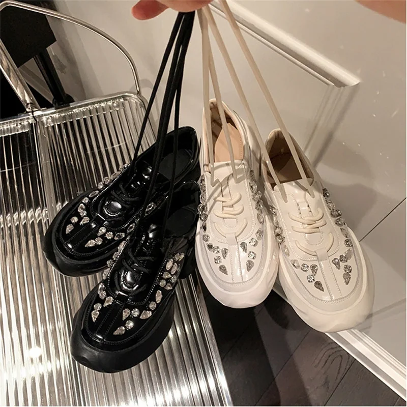 

Designer Genuine Leather Women Trainers Crystal Sneakers Platform Lace Up Thick Bottom Waterproof Vulcanized Casual Shoes