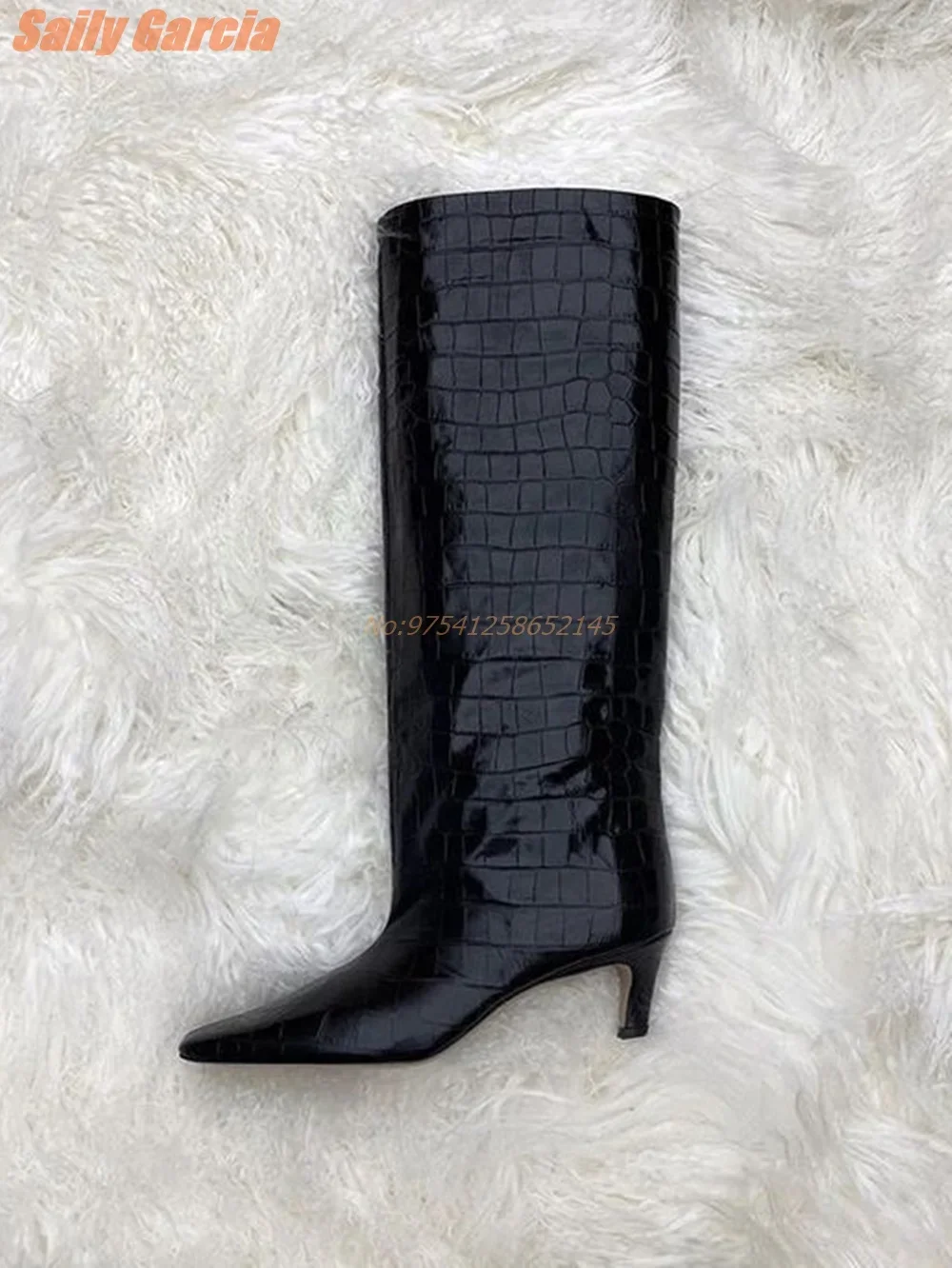 Crocodile Print Solid Boots Low Heel Long Small Square Toe Knee-High Women\\\'s Boots Black Daily Genuine Leather Fashion New