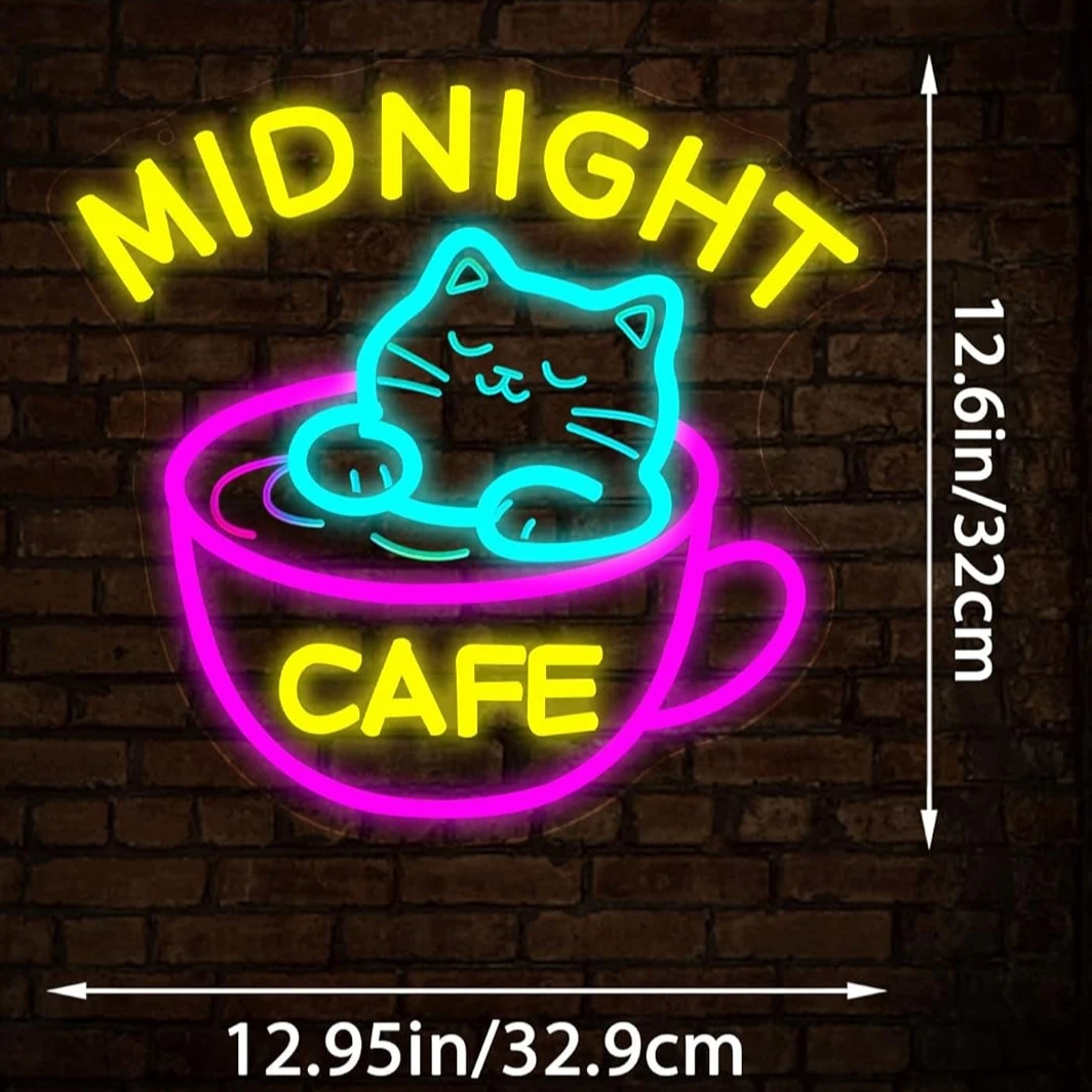 Midnight Coffee Cat Neon Sign Dimmable Cafe LED Neon Light Sign for Business Coffee Bar Shop Kitchen Home Wall Decor USB Powered