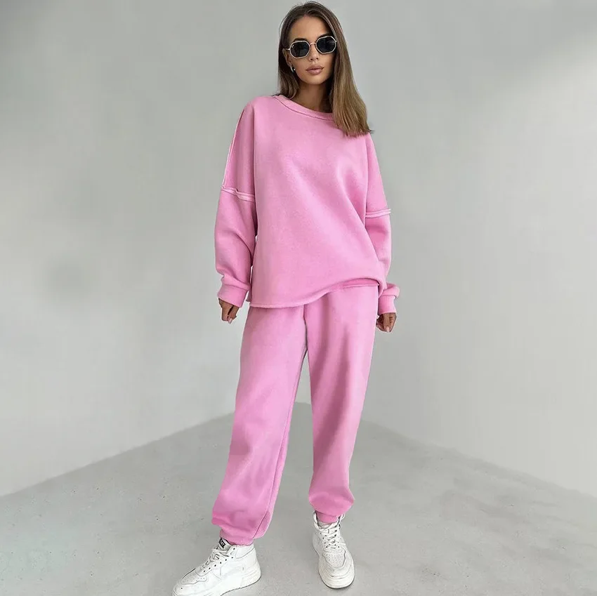 Pants Sets Two Pieces Set Women Tracksuit O Neck Hoodies Elastic Waist Pencil Pants Pullover Solid Pockets High Street Spliced