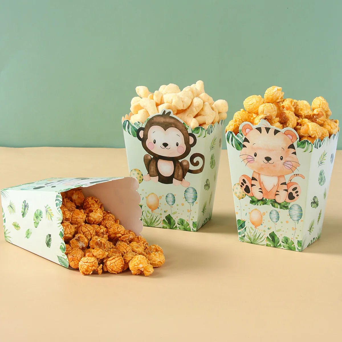 Cajas de palomitas de maíz de dinosaurio y animales de la selva, cajas de golosinas de zoológico, suministros de papel para fiesta de cumpleaños, decoraciones nocturnas de película para Baby Shower