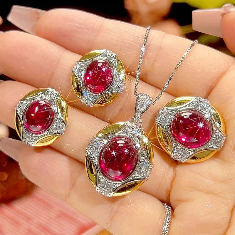 

Luxury Oval Ruby Red Gemstone Jewelry Adjustable Ring Necklace Earrings Vintage Cocktail Party Wedding Jewelry for Women Gift