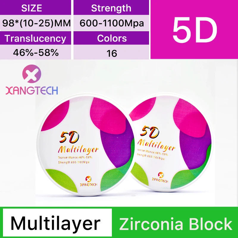 XANGTECH 5D متعدد الطبقات زركونيا كتلة أقراص عالية شفافة 46-58% قوة 1000Mpa 16 ألوان مواد طب الأسنان للنظام المفتوح