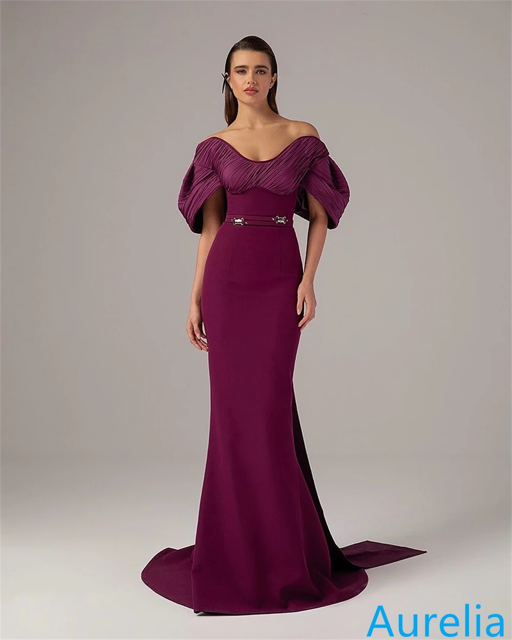 Customized Graceful Fuchsia Jersey Evening Dress Boat Neck Off the Shoulder Short Sleeves Celebrity Gowns Special Occasion Gowns image 5