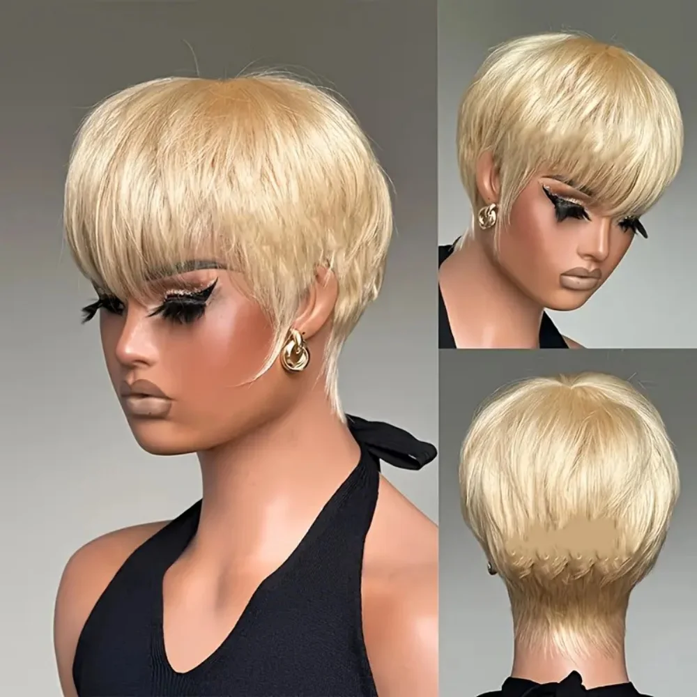 

613 Blonde Pixie Cut Wig with Bangs Brazilian Remy Human Hair Straight Layered For Women'S Full Machine Made wig