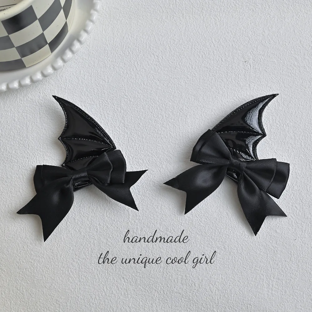 2Pcs Gothic Punk Bat Wing Bow Hair Clips Black Red Satin Hair Barrettes for Women Alternative Hair Accessories view 2