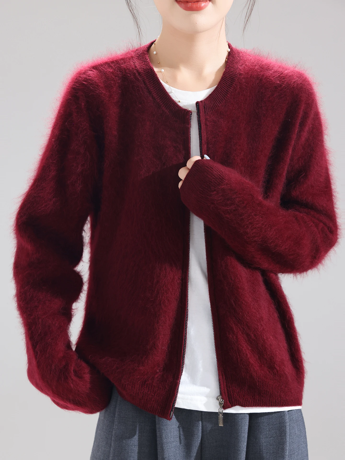 

Новый женский кардиган из 100% мериносовой шерсти, свитер с двойной молнией и круглым вырезом, повседневная кашемировая вязаная куртка с длинными рукавами, базовая осень-зима