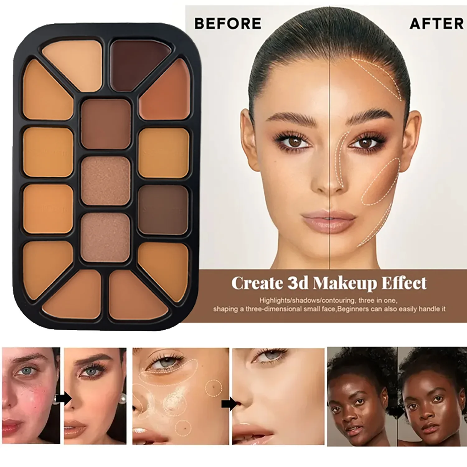 Paleta de pó para contorno facial, 15 cores, iluminador fosco, sombreamento natural, corretivo, fórmula úmida e seca para escultura facial, maquiagem