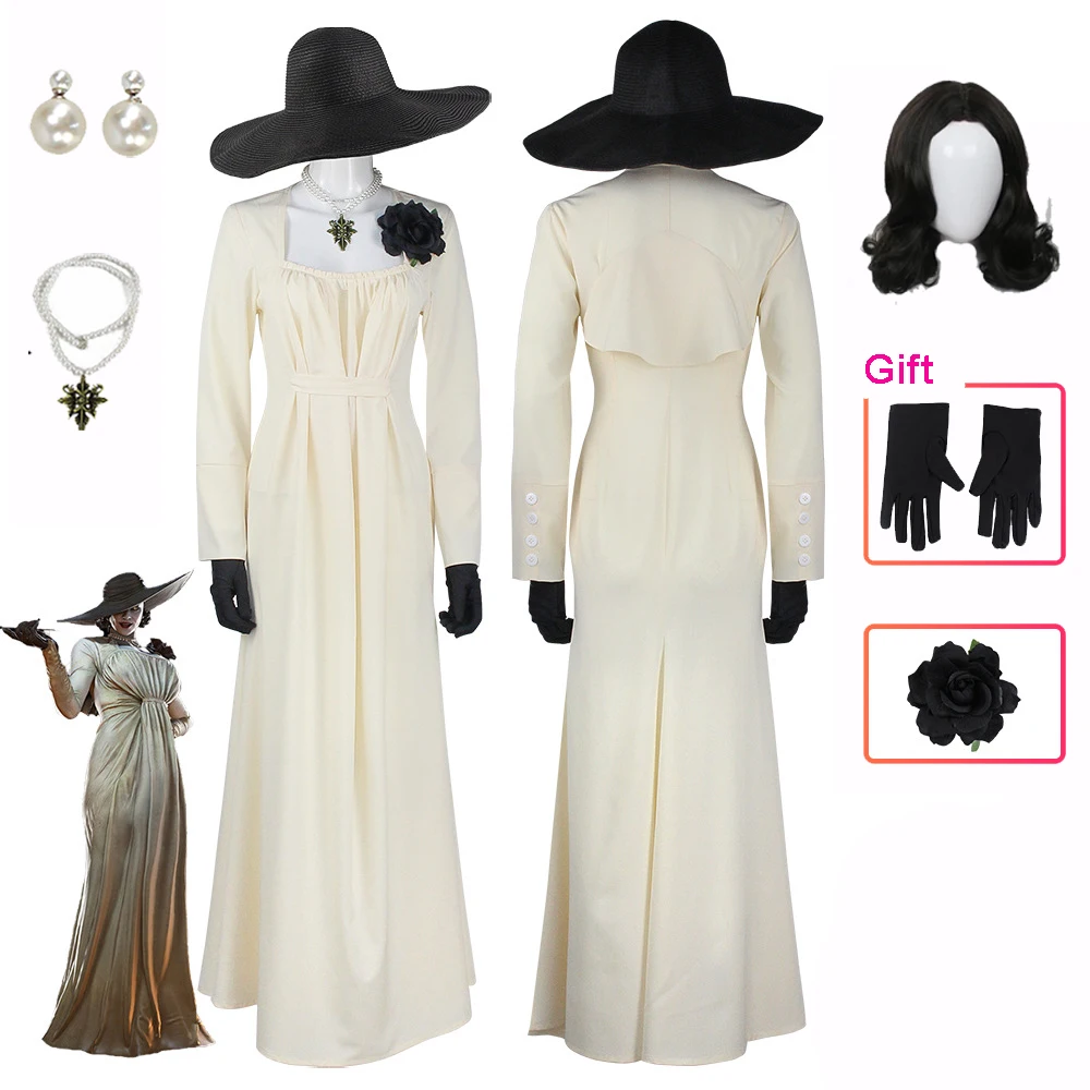 

Vampire lady Dimitrescu Cosplay Costume Chatelain Alcina Comtesse Wig Hair Halloween Party Dress Necklace