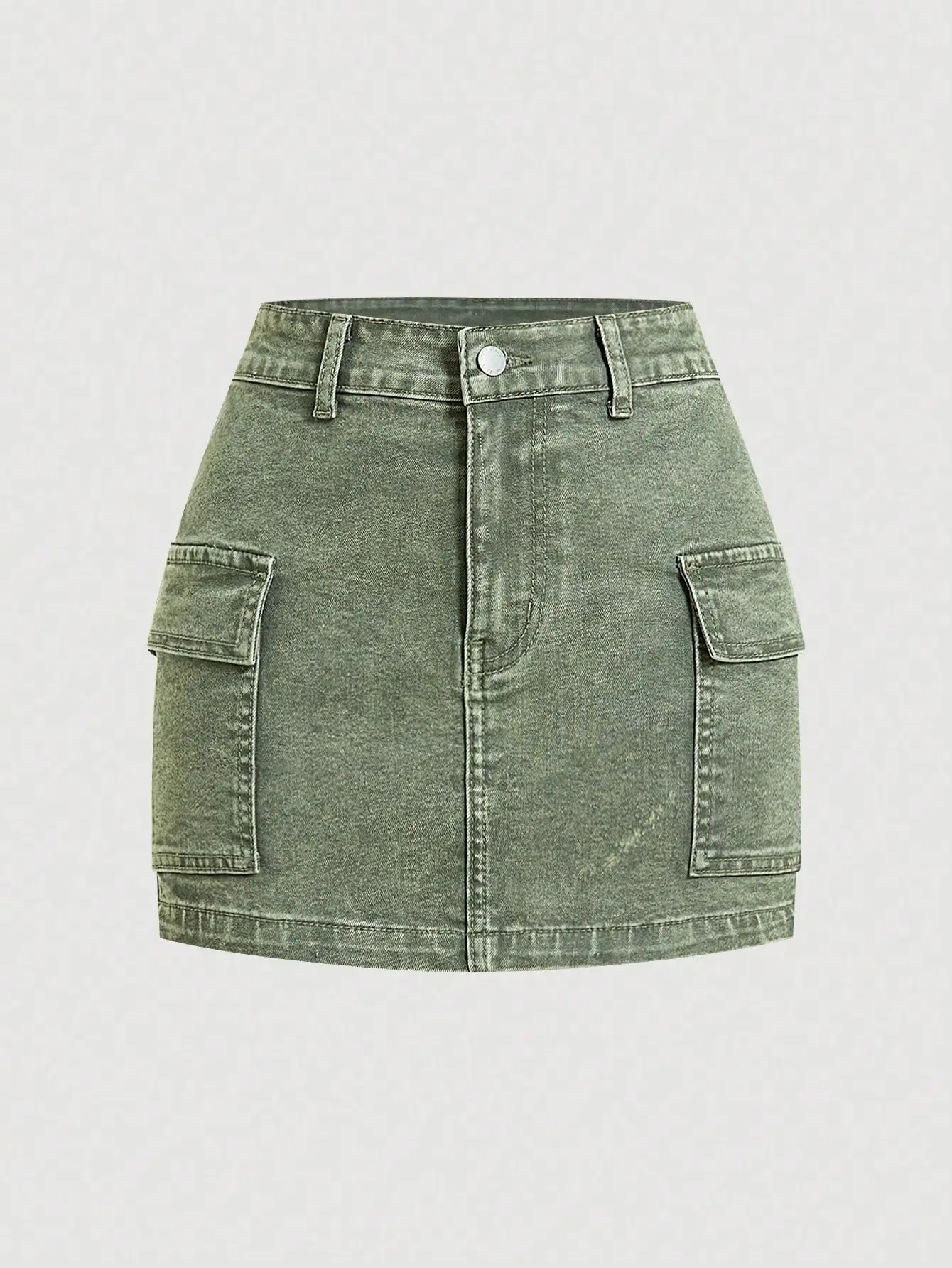 レディース オリーブグリーン デニム ミニスカート カーゴポケット付き ストレッチ素材 ボディコンフィット