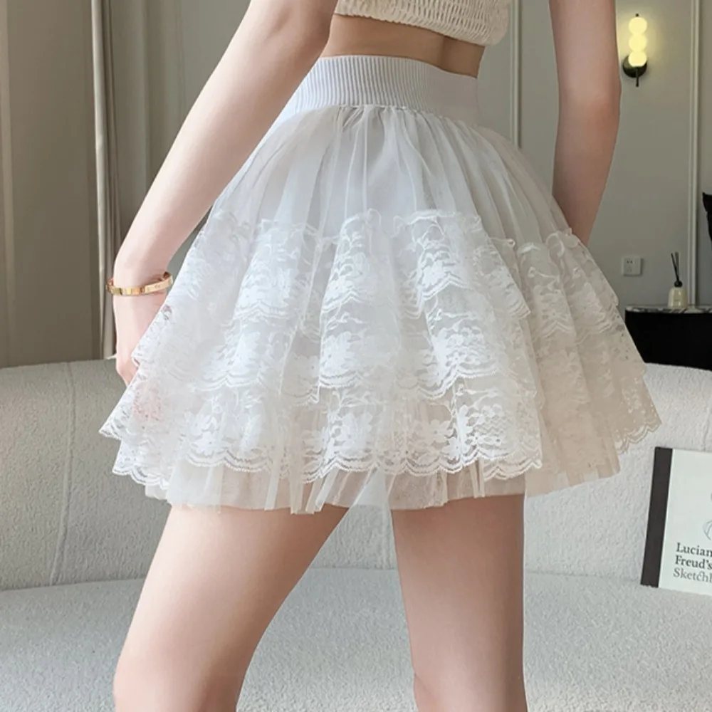 Skirts for Women High Waist Princess Lace Dating All-match Solid Sweet Girls Summer Charming Students Stretchy Korean Style Chic