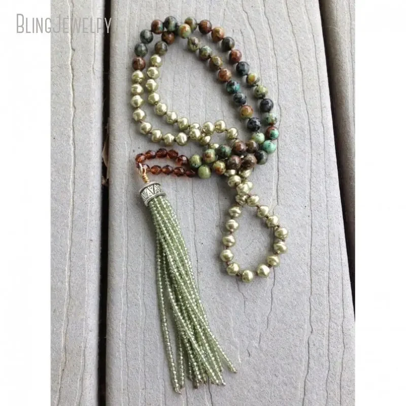 10pcs Boho Pearl African Turquoise Natural Stone Bead Long Layer Necklace Aesthetic Green Crystal Tassel Fringe Bohemian Jewelry