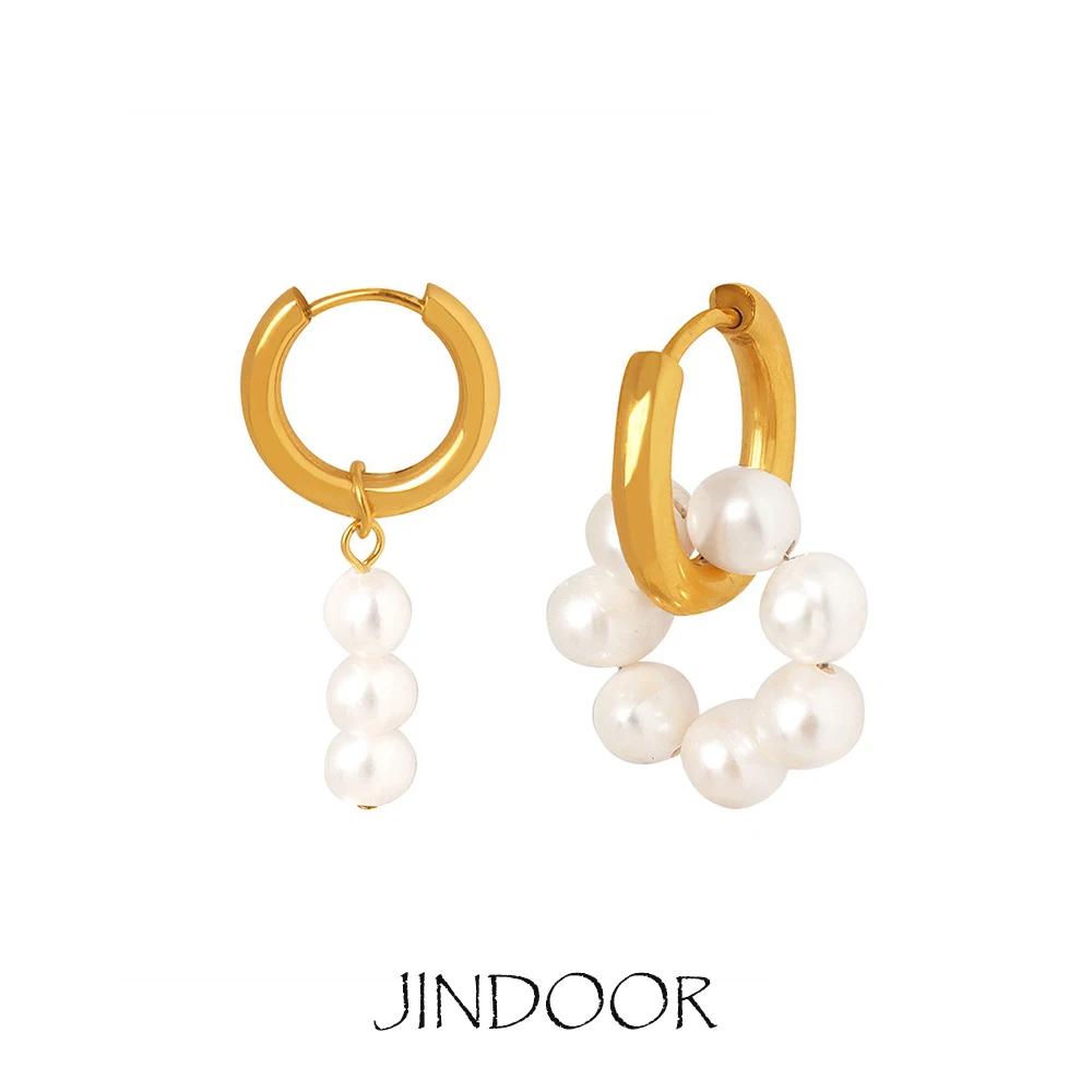 JINDOOR Titanium Steel With 18k Gold Plated Pearl Hoop Charms,Women's Trendy Elegant Earrings