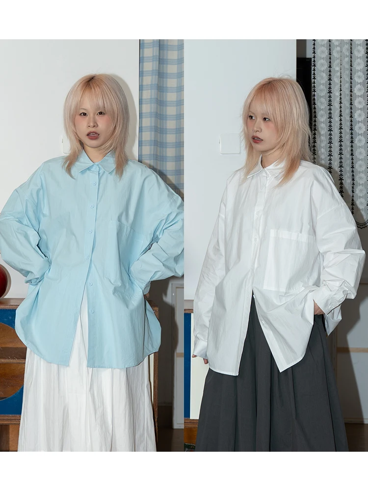 

Classic Pure Color Long Sleeve Shirt Versatile Basic Style Japanese Retro Cotton Top Spring Summer Women's Casual Loose Fit