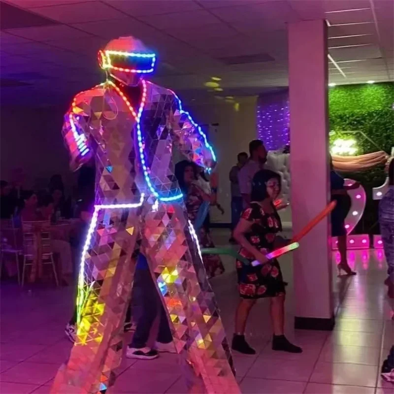 Party Dance LED Light Robot Men Costume Silver Mirror Glasses Hand Sewn Jacket Bar Perform Walker Stilts Dress Catwalk Outfit DJ