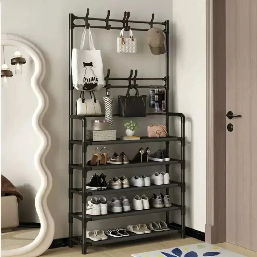 

Floor Standing Doorway Shoe Rack And Clothes Hanger DIY Space-Saving Shelf For Hat Shoes Living Room Bedroom Clothes Rack Shoe