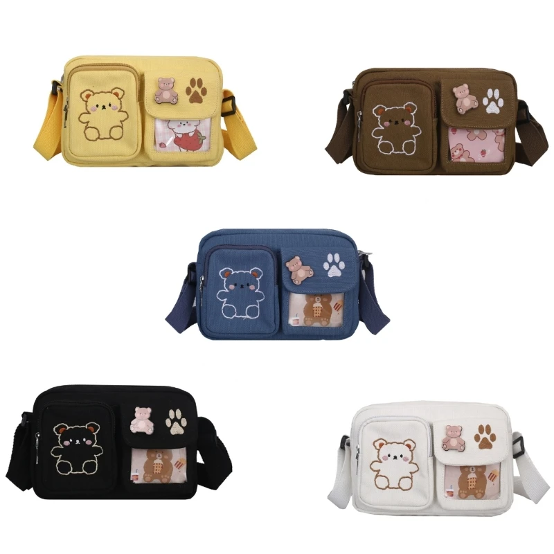 Bear Bordado Crossbody Bag, Bolsa de Ombro Canvas, Elegante Bolsa de Estudante Quadrada para Meninas Adolescentes