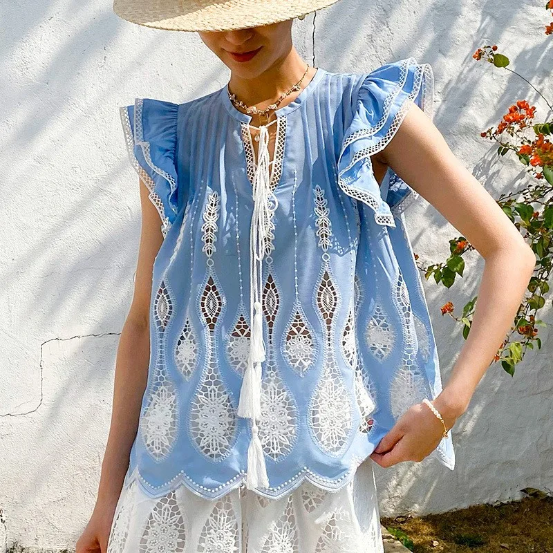 Johnature Summer 2025 Top da donna ricamati francesi in stile resort Camicie traspiranti con scollo a V comode e larghe con cut-out casual