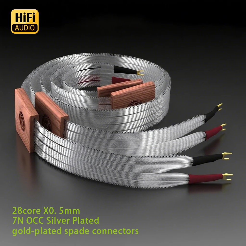 

Music Ribbon Speaker Cable 8N OCC Silver Plated Falt speaker wire Y spade to 4mm Banana BFA plugs for Amplifier Hi-fi Systems