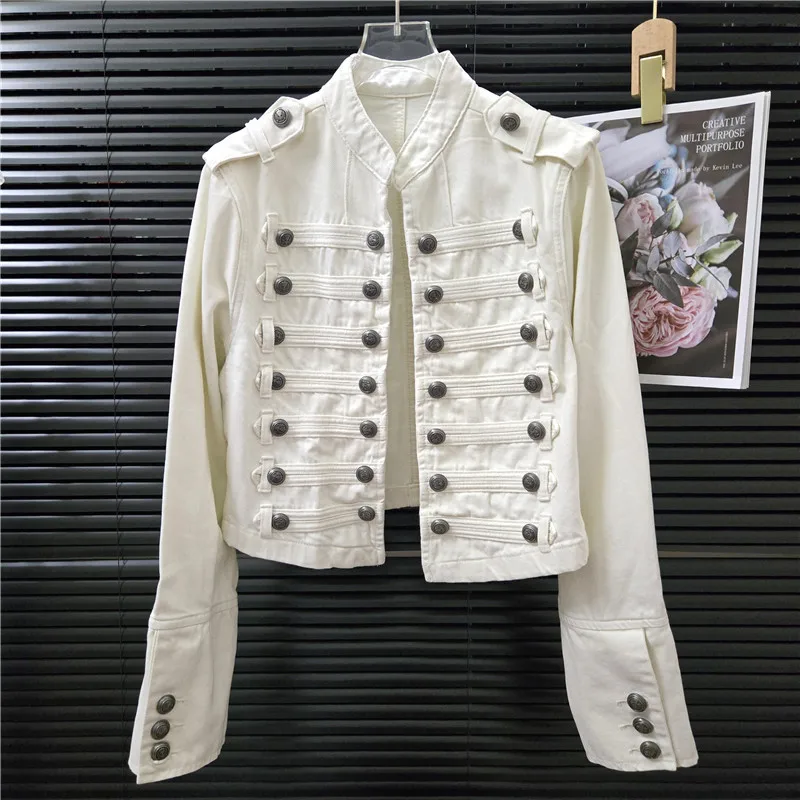 

Модная женская укороченная джинсовая куртка с многослойной пуговичной отделкой, белая, с воротником-стойкой, длинными рукавами, весенняя, в стиле кардигана