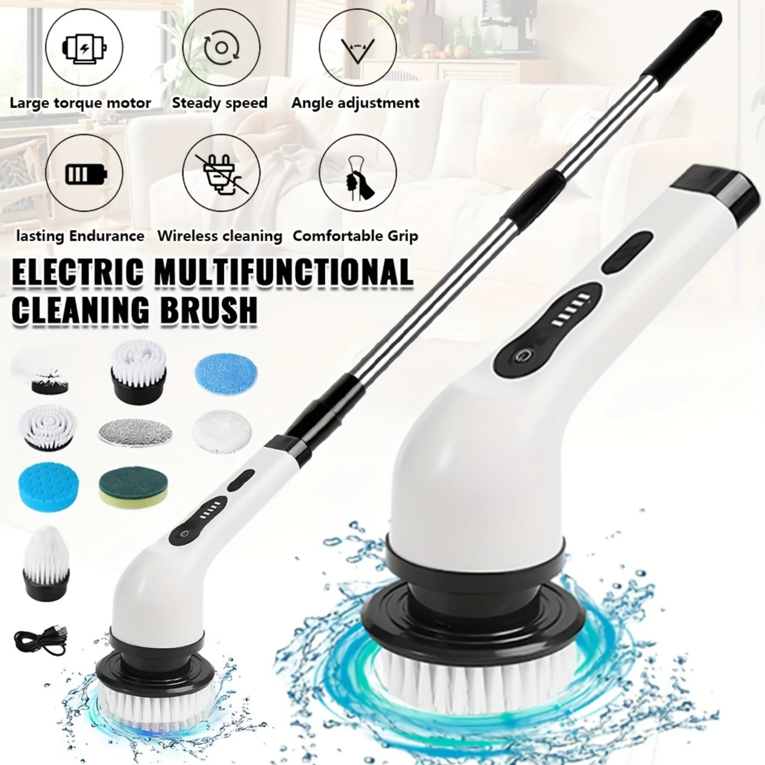 

9-Head Cordless - 2-Speed Power Cleaner with Long Handle, Adjustable Speeds, and Replaceable Brush Heads for Bathroom Floor, Ti