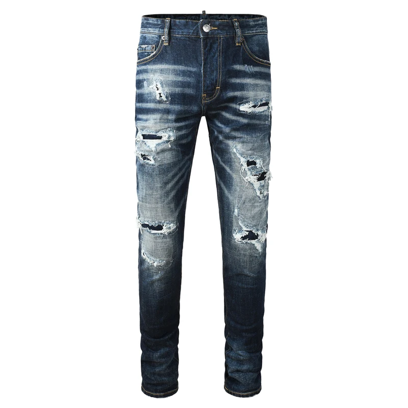 High street designer's fashionable new men's jeans with perforated patches, elastic slim fit, blue jeans, hip-hop brand pa