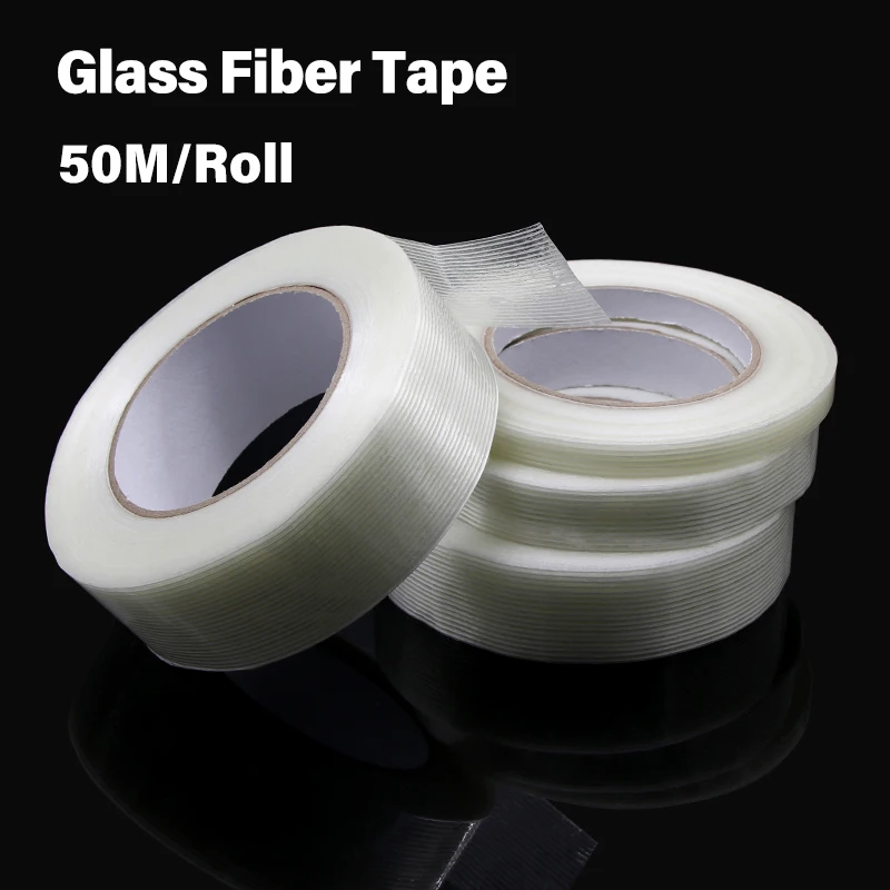 50 m/Rolle Glasfaserband, Breite 5–80 mm, Verpackungsband, feste Versiegelung, transparent, gestreift, einseitig stark haftende Klebebänder