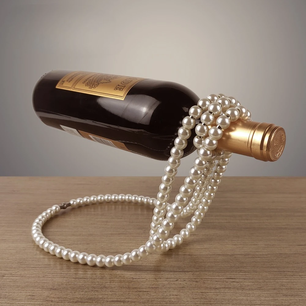 Metal Wine Bottle Holder Creative Artificial Pearl Necklace Floating Rack Display Stand Novelty Single Red Wine Bottle Stand