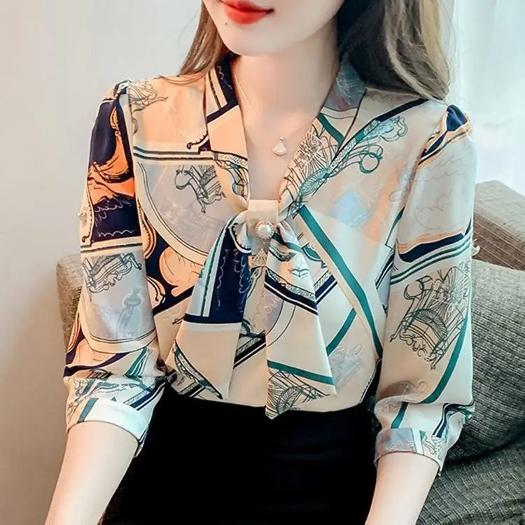 

Blouse Femme Three-quarter Sleeve Printed Chiffon Shirt Women Blusas Mujer De Moda New Bow V-Neck Print Spring Summer Tops Blusa