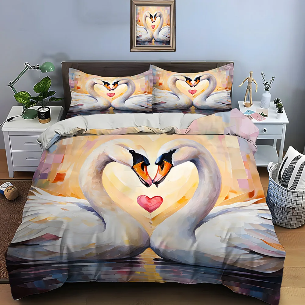 Two swans forming heart Print Soft Comfortable Duvet Cover Bedding Set Included 1*Duvet Cover  2*Pillowcases Luxury gifts