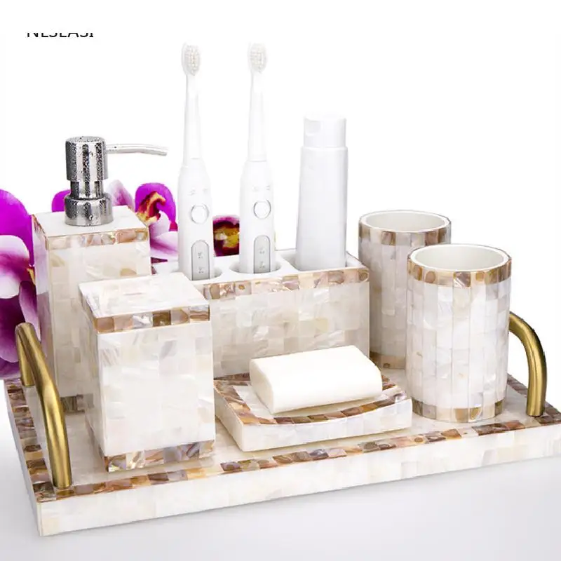 

Five Piece Set Nordic Series Resin Bathroom Accessories Soap Dispenser Toothbrush Holder Gargle Cup Dish Tray