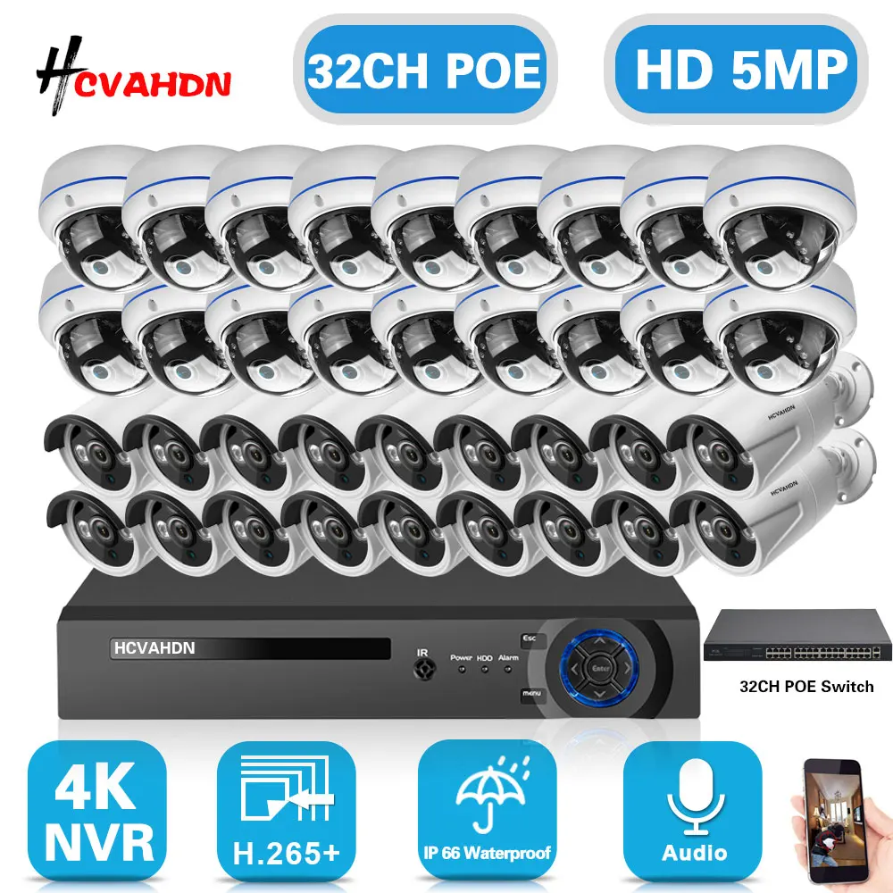 

5MP CCTV Camera Security System Kit 32 Channel 4K POE NVR Kit Outdoor Audio IP Camera Video Surveillance System Set 32CH H.265