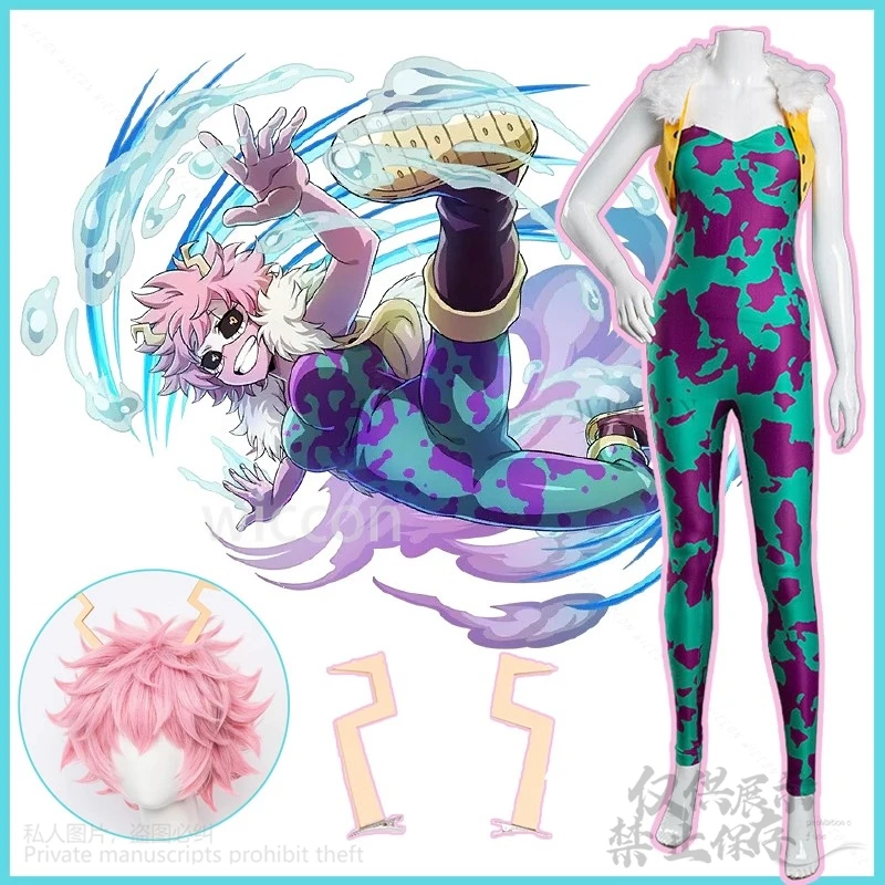 Anime My Hero Academy Cospaly Ashido Mina Costume Cos Printing Tight Fitting Jumpsuit Furry Sexy Pink Wigs Halloween Christmas